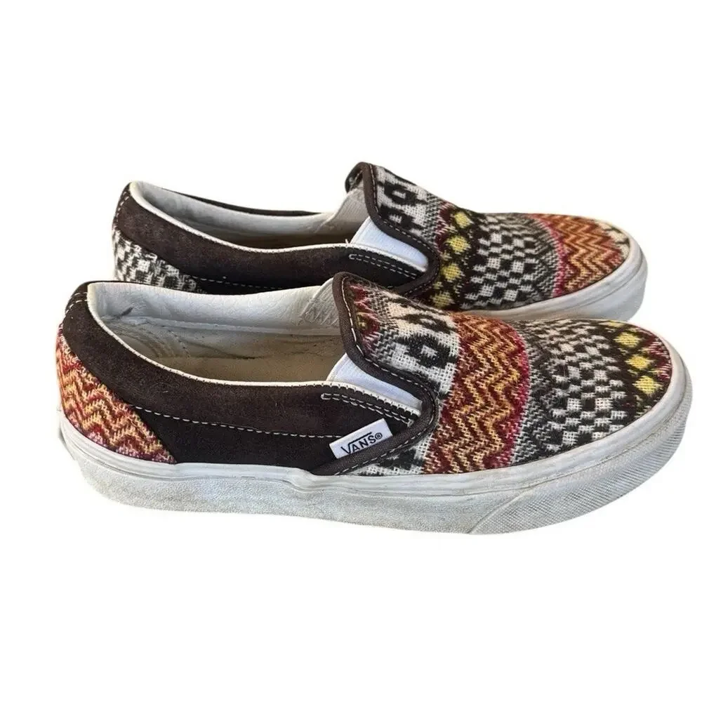 Vans Classic Slip On Fair Isle Brown Woven Textile Sneakers Size 3.5